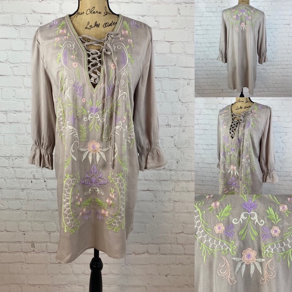 Umgee Tan Pullover Lace Up Front Embroidery Details Dress - Picture 1 of 1